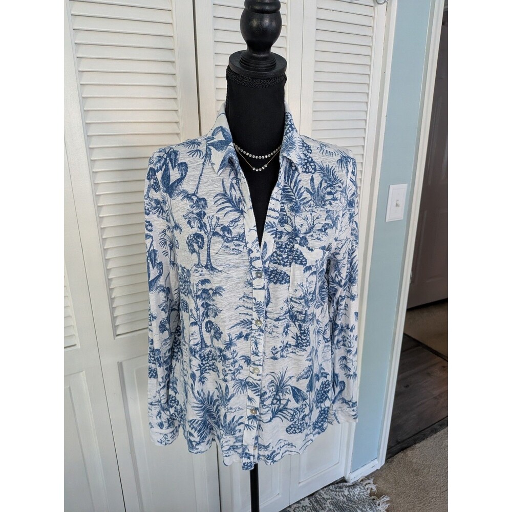 Nicole Miller Linen Top Womens L Tropical Toile Shirt Blue White Coastal Resort